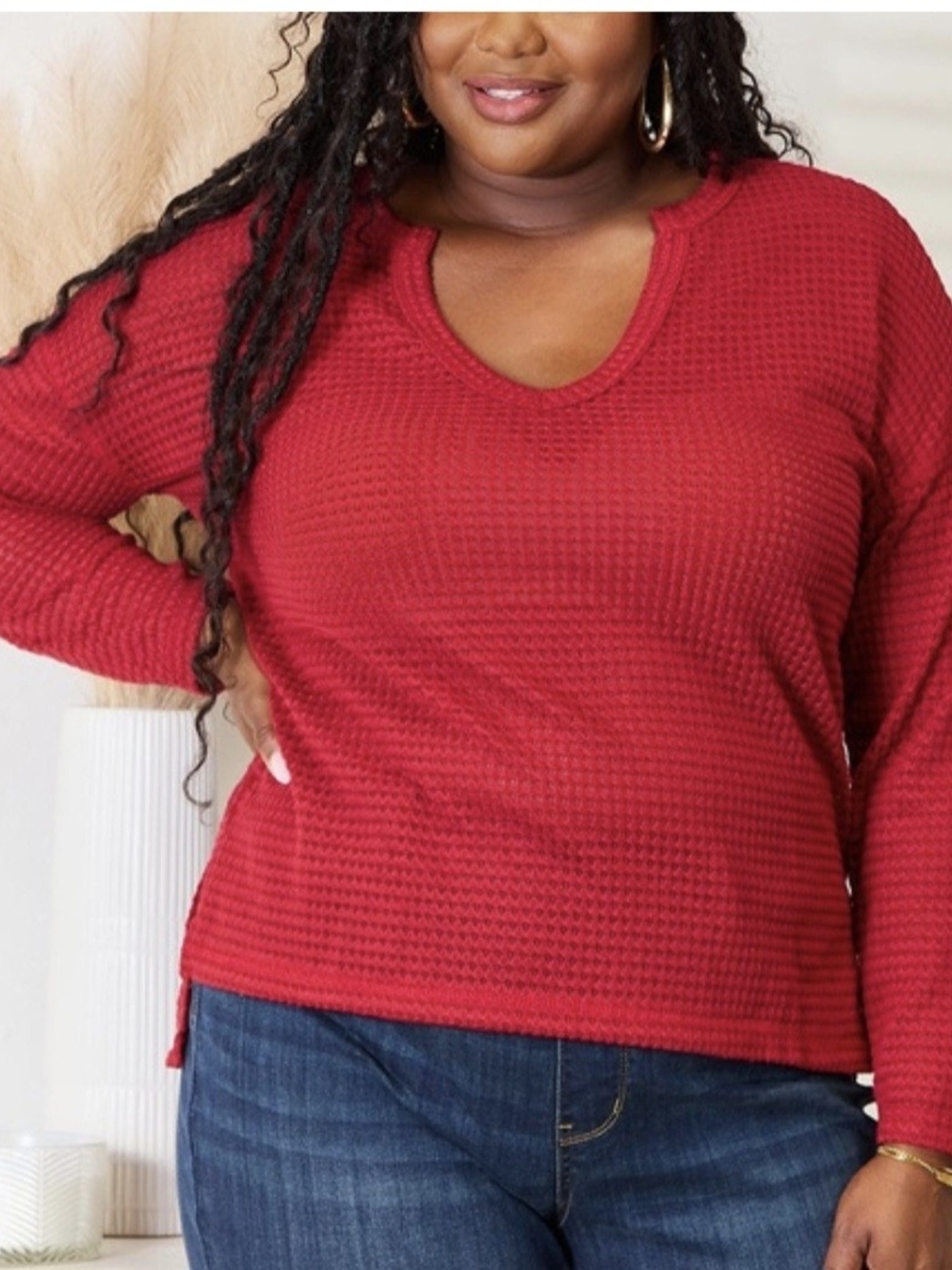 Culture Code PLUS + REG Size Red V-Neck Oversized Waffle Knit Top Size 3X